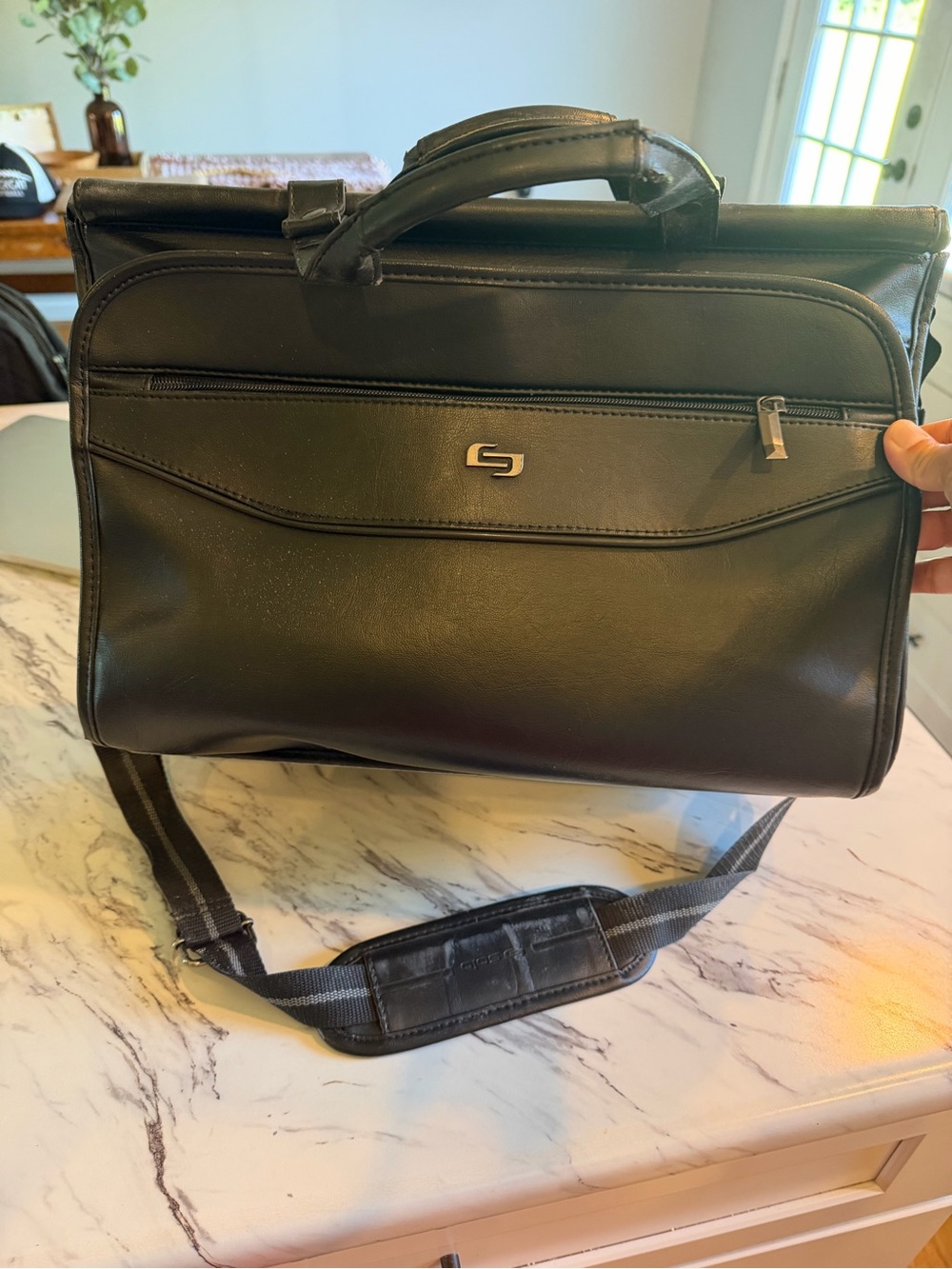 Black Leather Briefcase Shoulder Bag - SOLO